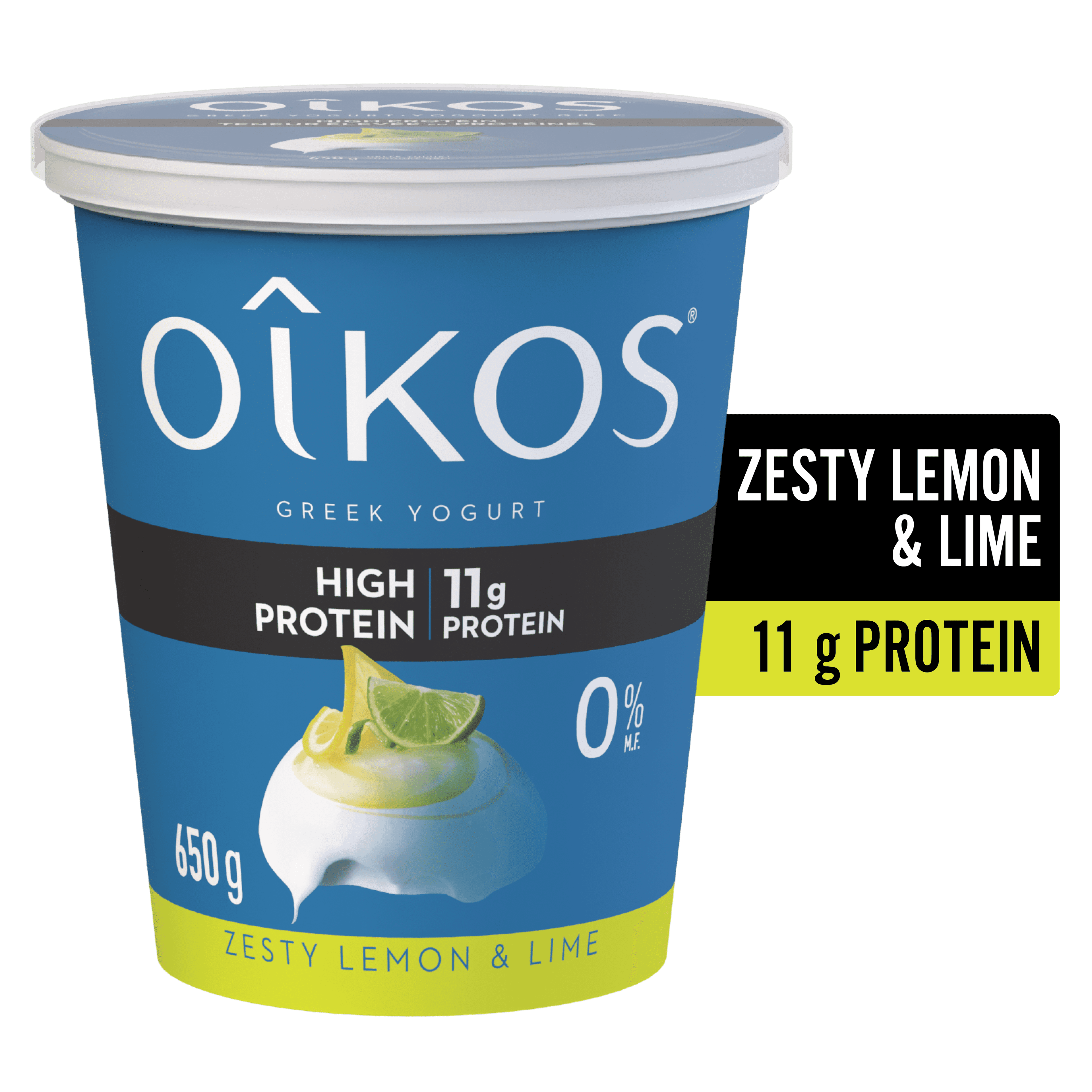 Oikos Greek Yogurt, Zesty Lemon & Lime, High Protein, Blended, 0% M.F.