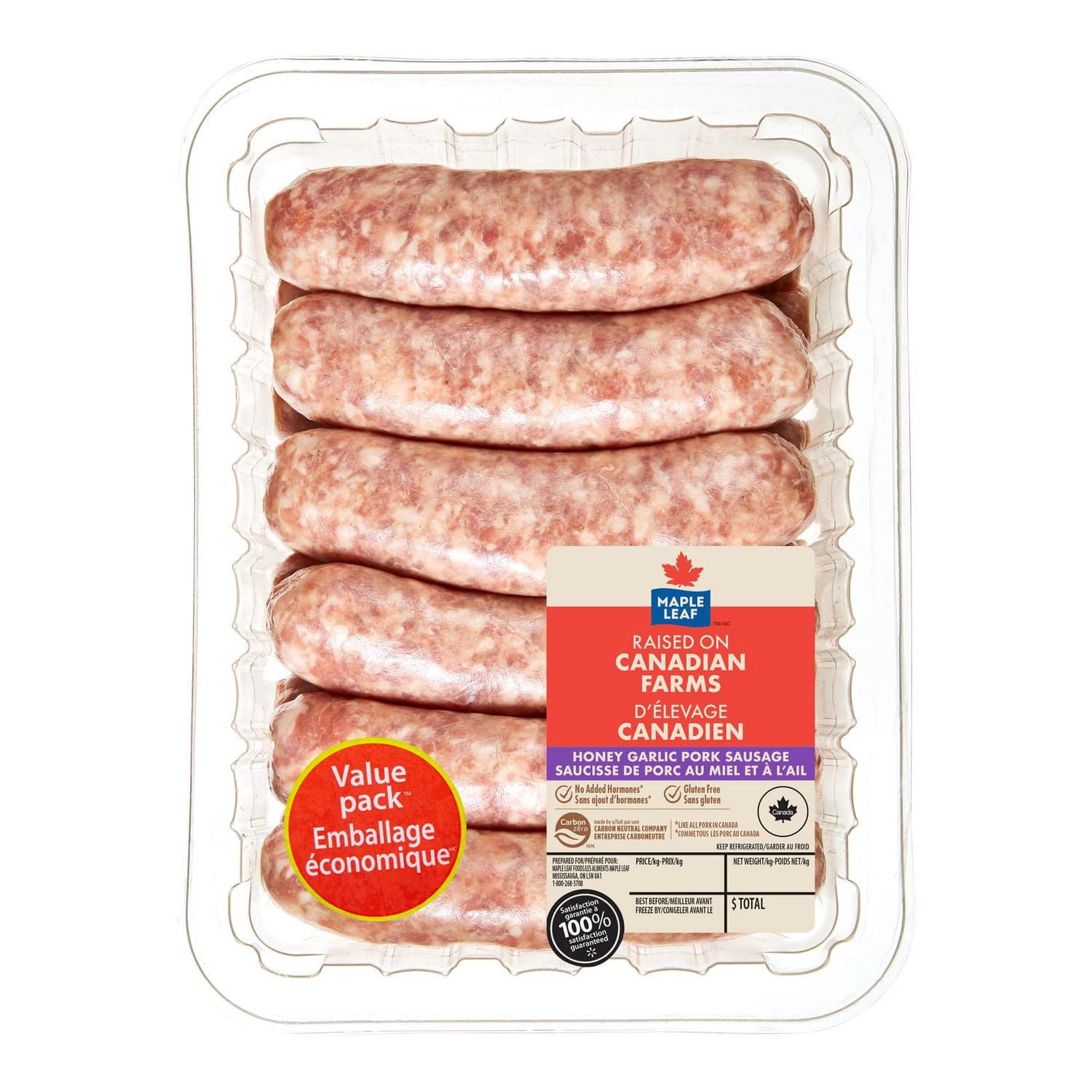 Maple Leaf Honey Garlic Pork Dinner Sausage, 1.2 kg, Value Pack