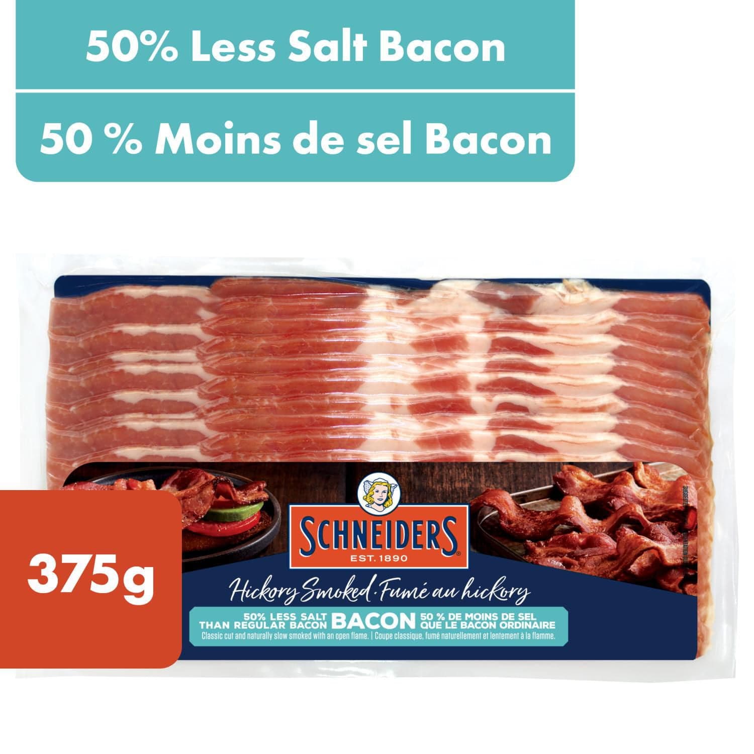 Schneiders Hickory Smoked 50% Less Salt Bacon, 375 g