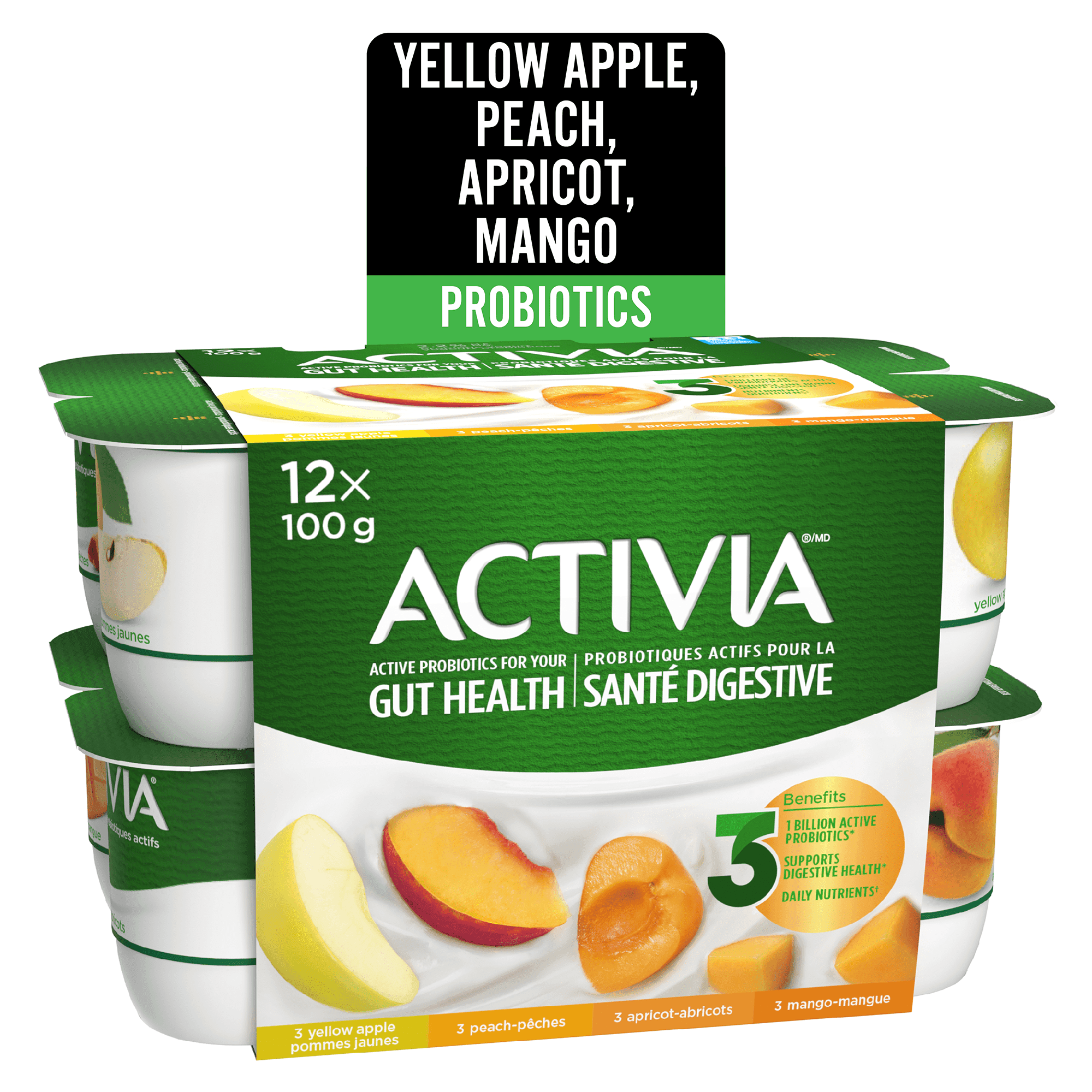 Activia Probiotic Yogurt, Yellow Apple/Apricot/Mango/Peach, 12x100g
