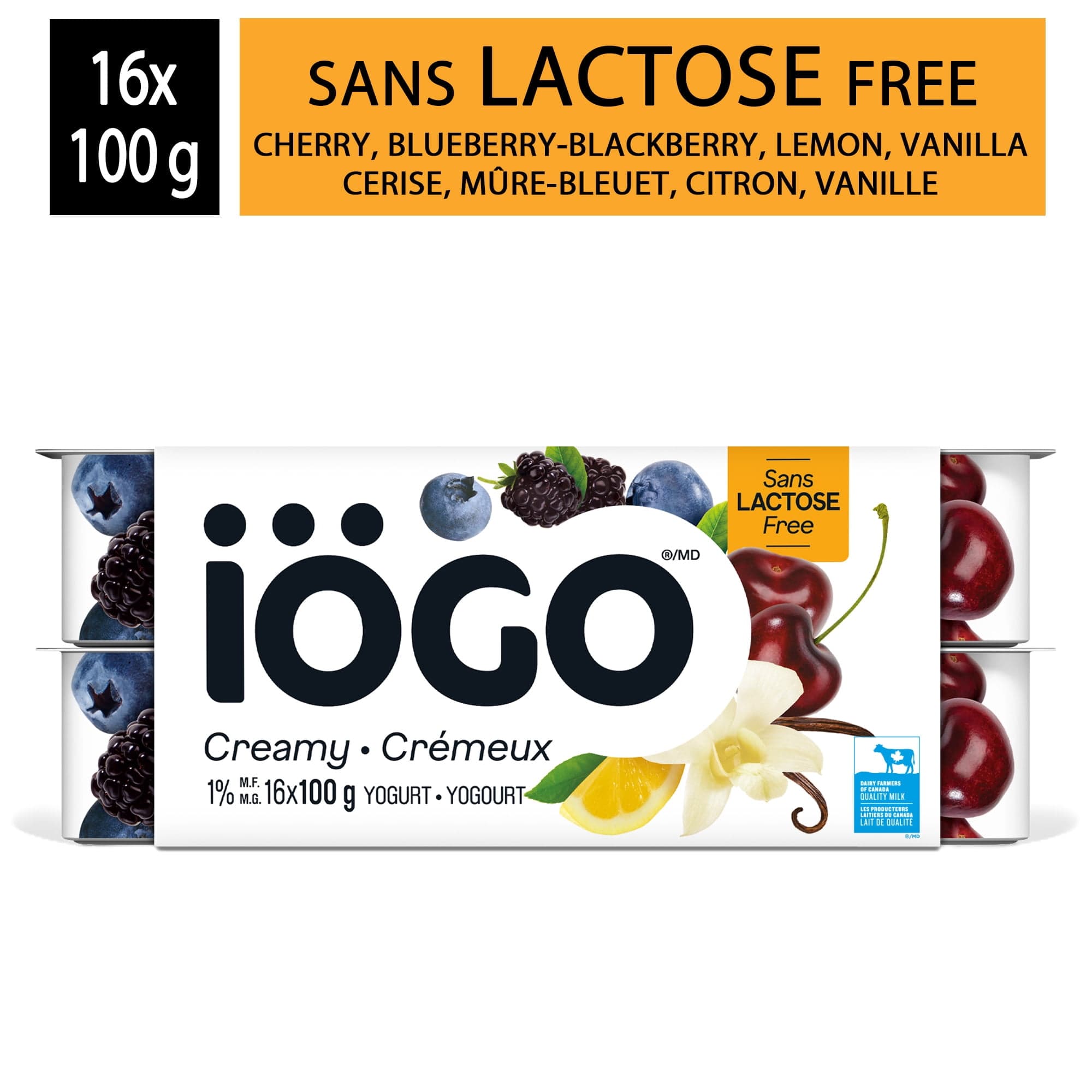 iÖGO Pots de yogourt 1.5 % cerise citron mûre-bleuet vanille sans lactose 16 x 100 g