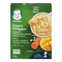 6 mois+ Céréales biologiques pour bébés au blé et à l'avoine complète, mangue et carotte